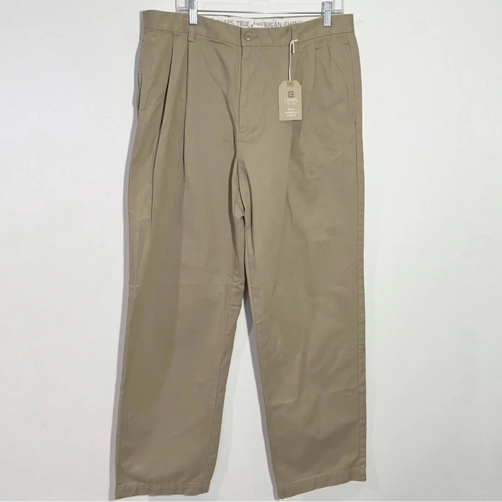 Chaps Classic Double Pleat Tan Chino Khaki Pants Size‎ 36 × 34